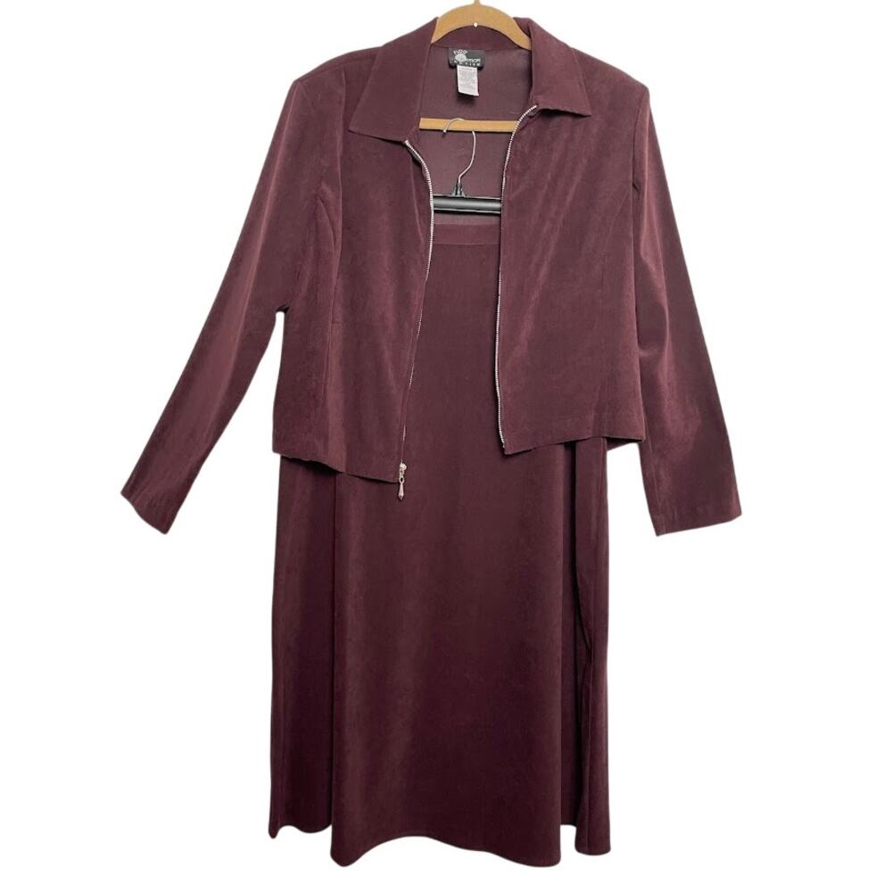 VTG Faux Suede Plum Skirt Suit Set Cropped Full Zip Jacket Midi Skirt‎ 14 Petite